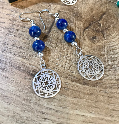 Natural Blue Kyanite Earrings with Silver Mandala Charm