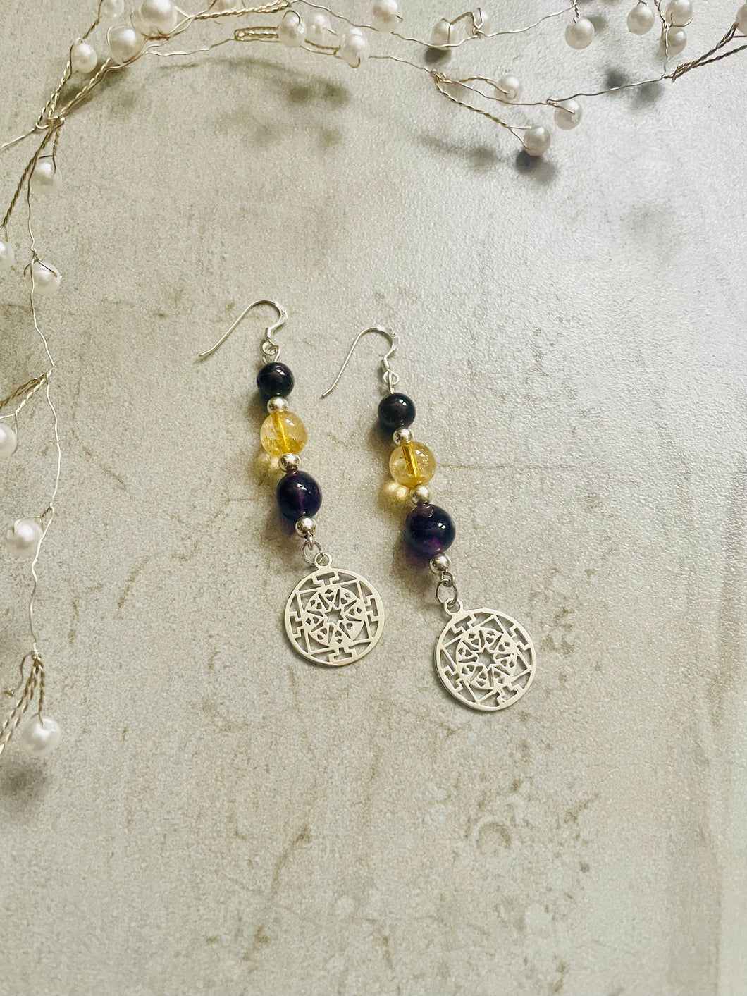 Gemstone and Silver mandala earrings