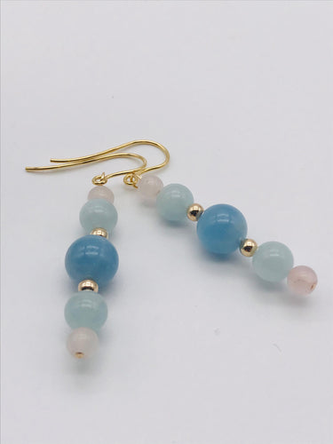 Aquamarine, Rose Quartz & Gold Drop Earrings